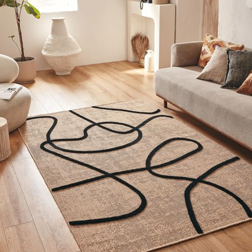 Nazar Palmateppich, Natur, Jute-Look, Naturteppich für Wohnzimmer, Schlafzimmer, Flur, Boho-Teppich, Naturfarbe (9494 schwarz, 120x170 cm)