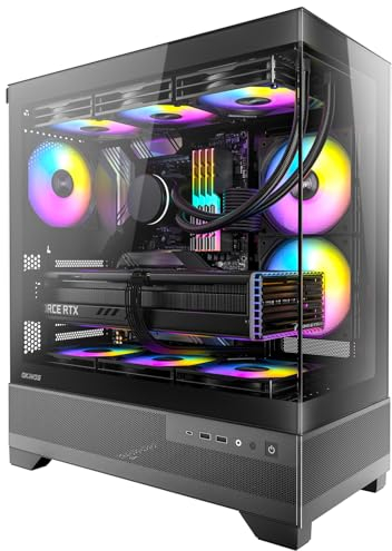 Okinos Aqua7, PC Case, Computer Case with 6 × 120mm ARGB Fan Pre-Installed, Panoramic View Tempered Glass Front & Side Panel, with Type C Port, Black