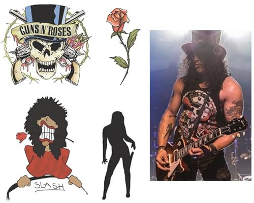 InkWear Faux Tatouages Temporaires Slash Guitariste, Tatouages Temporaires, Noir, Non Résistant à l'Eau, Enfant, Rock, Caricature