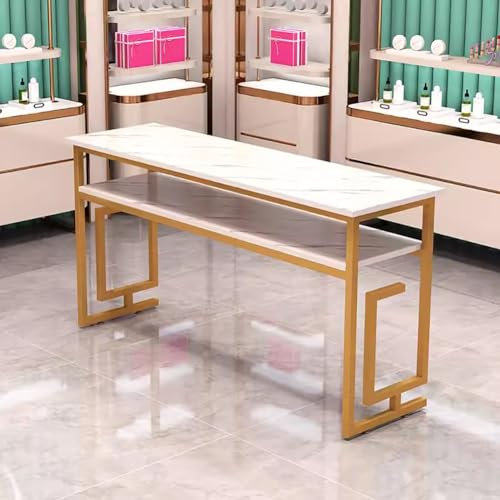 BOYITES Professional Nail Tech Work Table, Freestanding Manicure Table for Nail Salon, Modern Art Nail Workstation for Nail Technician, Simple Style Pedicure Desk with 2 Layers,Gold 140cm