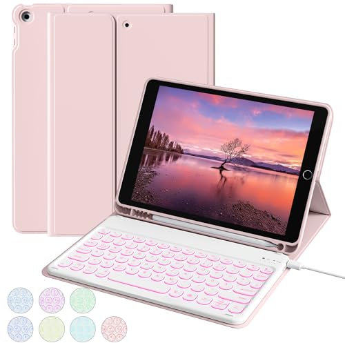 aoub Hülle mit Tastatur für iPad 9./ 8. / 7. Generation, Beleuchtete Tastatur mit Hülle für iPad 10,2 Zoll 2021/2020/2019, 7 Farben Beleuchtung, QWERTZ Layout, Rosa