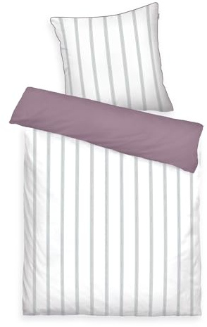 TOM TAILOR Satin-Bettwäsche, 70x90 cm + 140x200 cm, 100% Baumwolle/Satin, mit farbiger Paspel am Kissen, Wendemotiv und Markenreißverschluss, CLASSIC SATIN STRIPES Weiß, Lila (Cozy Mauve, Fresh Sage)