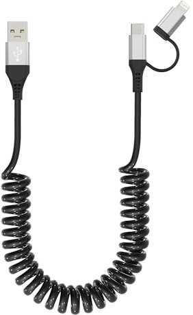 Cable USB a USB-C y Lightning 2 en 1, cable en espiral compatible con Carplay y Android Auto [carga rápida y sincronización de datos MFi y 3 A], cable Lightning en espiral y USB C para iPhone 16/15/14