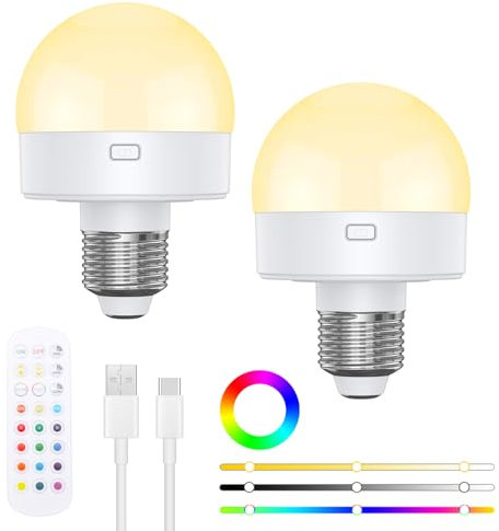 OQIMAX Rechargeable Light Bulb with Remote, E27 Light Bulb with 12 RGB +3 Color Temperature, Dimmable Color Light Bulb, Timer Function, Non-Hardwired, for Wall Sconces, Table Lamp, Chandelier, 2 Pack
