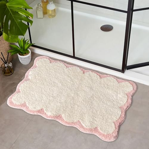 Urtlmaji Tapis de bain festonné rose antidérapant et lavable en microfibre absorbante, doux, esthétique, pour chambre à coucher, baignoire, évier, 81,3 x 50,8 cm