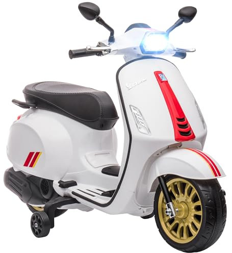 AIYAPLAY Elektro Kindermotorrad, Vespa 6V Elektromotorrad mit MP3, USB, FM-Radio, LED-Scheinwerfer, Kinderfahrzeug mit 2 Stützrädern, Elektro Motorrad für 3-6 Jahre Kinder, Weiß