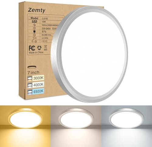 zemty 3Farben 3000/4000/6500K LED Deckenleuchte Flach, 15W 1800LM Ø18cm Deckenleuchten, Nickel Rund Ultra Dünn Deckenlampe LED Lampen Deckenlampen,Deckenbeleuchtung für Badezimmer,Küche