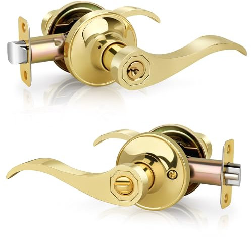 Gaurqiah Poignée de porte d'entrée style vague avec clés, levier de porte à clé avec serrure pour avant/entrée en laiton poli, levier de porte réversible pour portes gauche/droite