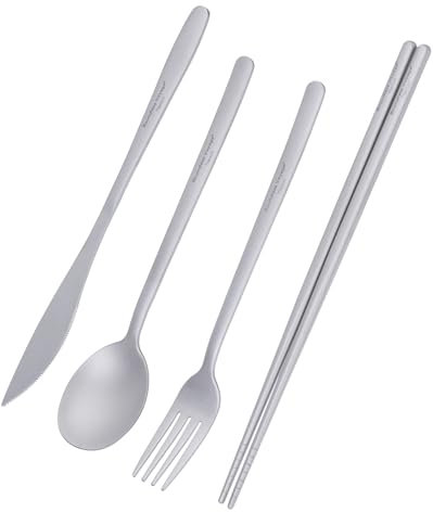 iBasingo Titanium Cutlery Set Camping Outdoor Long Handle Spoon Fork Knife Chopsticks Utility Metal Tableware Daily Used Travel Utensils Ti1056T
