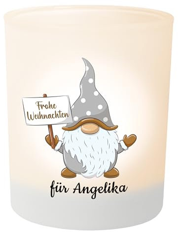 Weihnachts-Geschenk: Wichtel Teelichthalter personalisiert mit Namen – Teelichtglas Windlicht Weihnachtsdeko - Geschenk Weihnachten für Freunde Kollegen Familie (Frohe Weihnachten Gold Wichtel)