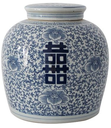 Pevfeciy Vasen Deko Keramik Vase Blau und Weiß Porzellan Doppeltes Glück Blumenvase Flache Oberseite mit Deckel Tischdekorationen Kann als Vorratsglas verwendet Werden,Blau