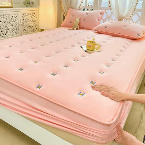 Stfery Spannbettlaken Und Kissenbezüge 200X150, Baumwolle Spannbetttücher Einfarbige Farbe Mit Blumenmuster Spannbetttücher Rosa