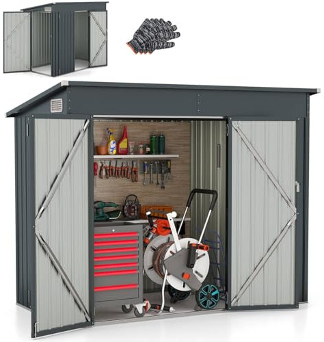 COSTWAY 8 x 4ft Galvanized Metal Garden Storage Shed with 3 Doors, Sloping Roof & Breathable Windows, Weatherproof Tool Storage Shed House, Dark Grey, 235 x 117 x 185 cm