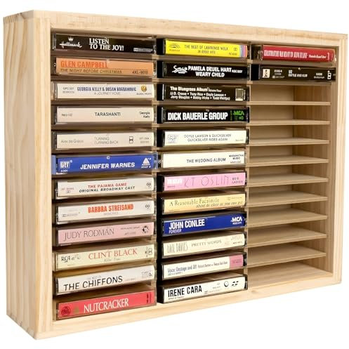 Waratah Designs Kassetten-Aufbewahrungsregal, 36 Schlitze, Holz-Kassettenhalter, Wandhalterung oder freistehender Audio-Kassetten-Organizer, Spielkartenaufbewahrung, unlackiertes Kiefernholz