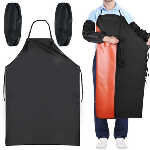 Whcctl 110 * 80cm Delantal, Delantal Cocina Hombre, Impermeable y Resistente al Aceite, PVC, Viene con un par de Manguitos, para Cocina, Carnicero, Jardinero (Negro)