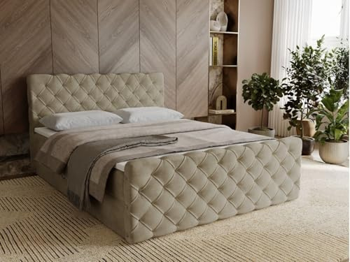 GRAINGOLD Lunaris Bett 160x200, Boxspringbett mit Bettkasten, Polsterbett mit Bonell-Matratze, Samt Stoff, mit Topper, mit Kopftei (Beige, 160x200)