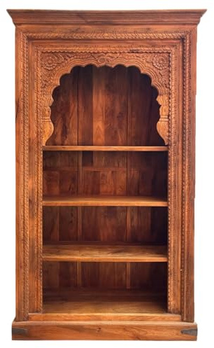 Handgeschnitztes Regal aus Teak Massivholz – 160 cm, Vintage Braun | Standregal für Wohnzimmer, Diele & Schlafzimmer | Offenes Bücherregal, Raumteiler & Wandregal ohne Bohren Muster -44-