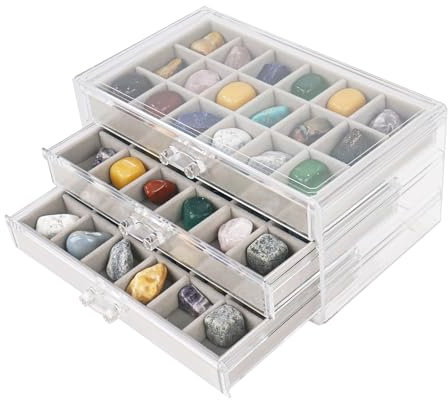 Dmnnlp Rock Vitrine, Acryl Rock Sammelbox, 3 Etagen 54 Fächer(3x3.5cm), Aufbewahrungsbox mit Fächern für Kleine Sammlerstücke, Fossil Kristalle, Edelsteine, Steine (klar)