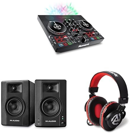 Numark Party Mix Live DJ Controller and M-AUDIO BX4 Pair Bluetooth Studio Monitors with Headphones for Studio Recording, Music Production, Podcasting, Streaming
