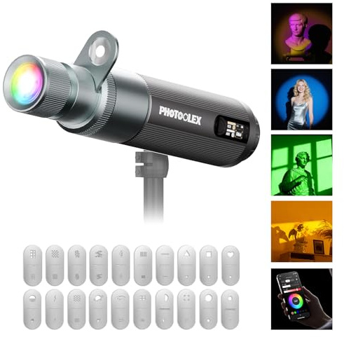 PHOTOOLEX PRO 12W Projecteur de Photographie RGB Portable 360° Pleine Couleur Photographie Lampe de Poche Gobo Lumière Conique Optique Snoot Kit avec 20 Filtres Métalliques/9000mAh/3 Lentilles/IRC 96+
