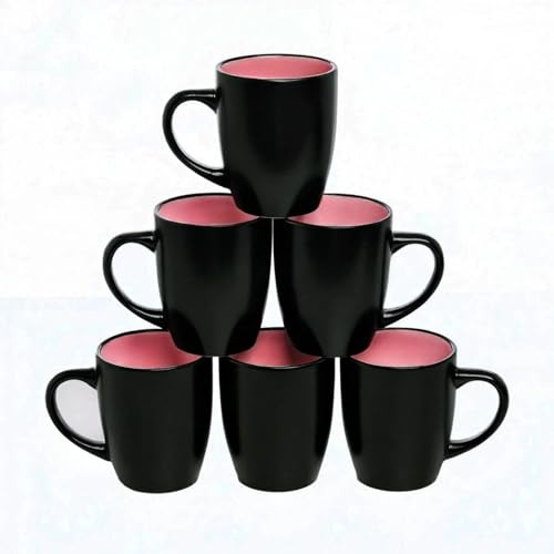 HOMD Coffee Cup Set 6-12oz Large Handle Ceramic Cup for Coffee, Soup, Tea, Milk, Latte, hot Cocoa, Ladies, Men-New Porcelain Mug Set. (Black Pink)