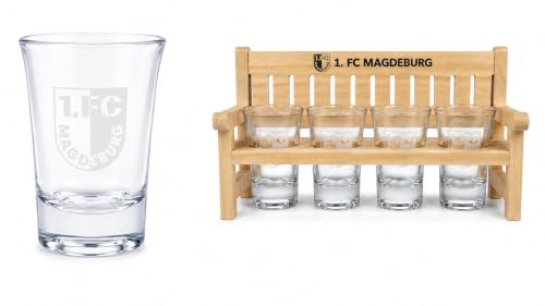 1. FC Magdeburg Schnapsbank – Offizielles FCM Schnapsglas-Set mit Holzbank – 4 Schnapsgläser im Fan-Design – Geschenk für Fußballfans