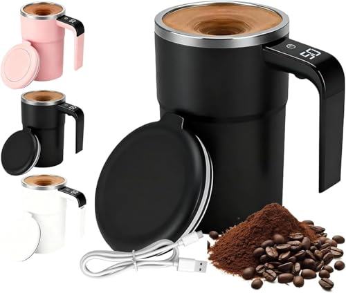 Automatic Self Stirring Coffee Mug, Electric Mixing Cup with Magnetic Stirrer, Rechargeable Mixer Cup with Temperature Display, Portable Stirring Mugs for Coffee, Milk, Cocoa, 380ml (Black)