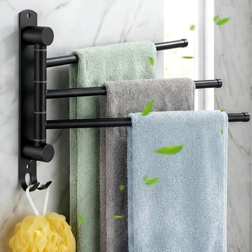 Portemanteau sans Perçage, Portemanteau Noir Mat, Porte-Serviettes Rotative à 180° sans Perçage, Porte-Badeau, Acier Inoxydable 304 3 Tiges + Combinaison de Crochets, pour Salle de Bain et Lavabo