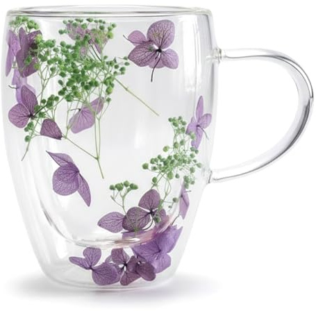 NASSMOSSE Tazza da tè a forma di fiore, tazza da tè a doppio strato in vetro da 50 ml con manico, estetica unica, resistente alle alte temperature per latte, succo