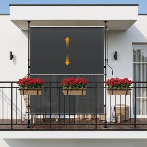 HOMEDEMO Senkrechtmarkise Außen, Vertikalmarkise ohne Bohren, Balkonrollo mit Einstellbare Handkurbel, Sichtschutz Sonnenschutz Windschutz, Garten, 120x(220-310) cm, Stoffbreite 105,5 cm, Anthrazit