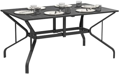Outsunny Gartentisch Stahl 150x90 cm Wetterfest mit Schirmloch Schwarz | Lamellen-Design, Buffettisch, Campingtisch, für 6 Personen, Terrassentisch, Outdoor Esstisch, Balkon Terrasse Garten