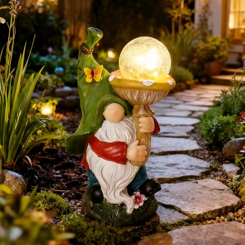 Ferakum Gartenzwerge Figuren mit Solarlampen für Außen Gartendeko,Solar Gartendeko für Draußen Wetterfest Gartenfiguren,Garten Balkon Terrasse Deko Wohnzimmer (01)
