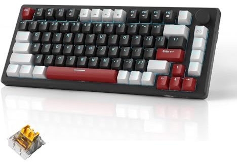 STAR75 75% Kompakte Mechanische Gaming-Tastatur, Kabelgebunden, Gelbe Schalter, Blaue Hintergrundbeleuchtung, Drehregler, EVA-Schaum, NKRO, 75 Tasten für PC Gamer (White & Black - Yellow Switch)