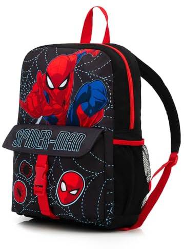 Marvel Spider-Man Jungen Rucksack - Kinder Schultasche mit Fronttasche & Mesh Side Wasserflasche Halter - Leichter Rucksack für Schule, Reisen & PE Tasche