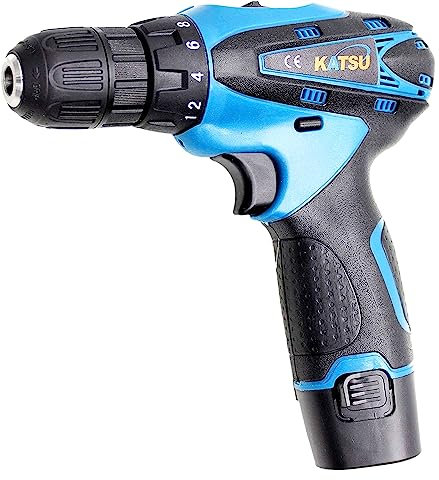 KATSU Cordless Drill Driver 12V, Electric Power Screwdriver 10mm Keyless Chuck, 2 Gear Speed, LED Light and 2 X 1.5Ah Battery Included, Ideal for Home DIY Tasks 102378