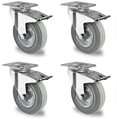 Rollensatz 4 Lenkrollen mit Feststeller 125 mm Vollgummi grau mit Stahlfelge