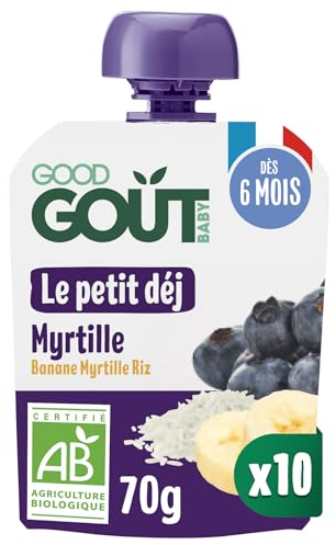 GOOD GOÛT - Petit Déj Myrtille - Gourde Pour Bébé - Dès 6 Mois - Format Nomade - Sans Sucres Ajoutés - 10x70g (L'emballage peut varier)
