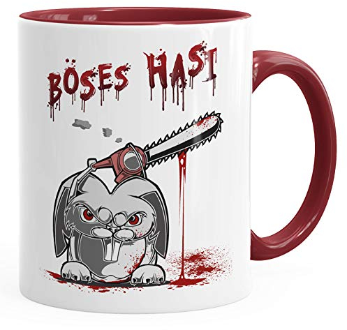 MoonWorks® Kaffee-Tasse Spruch böses Hasi Kettensäge Motiv Horror Bürotasse lustige Kaffeebecher bordeauxrot Keramik-Tasse