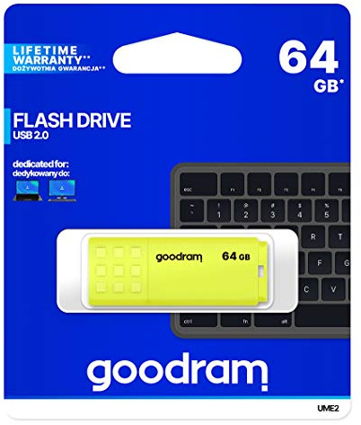 GoodRam - UME2 USB Stick, Flash-Laufwerk USB 2.0, 64 GB - Lesegeschwindigkeit bis zu 20 MB/s - Schreibgeschwindigkeit bis zu 5 MB/s - Schutzkappe - Rutschfestes Material - Gelb