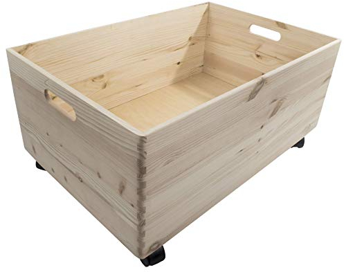 WooDeeDoo Extra-Large Deep Wooden Storage Box with Wheels and Handles – Open-Top Crate Container for Toys Tools Crafts or Household Organisation – Unfinished DIY-Ready Wood – 59.5 x 39.5 x 28.5 cm