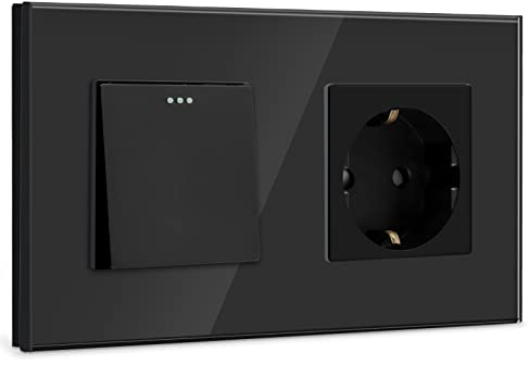 BSEED Lichtschalter mit Steckdose 1 Fach 1 Weg,10A Kristall Glas Platte Wandschalter mit 16A Schuko Steckdose Schwarz,Physische Unterputz Wandschalter mit Steckdose- 157mm