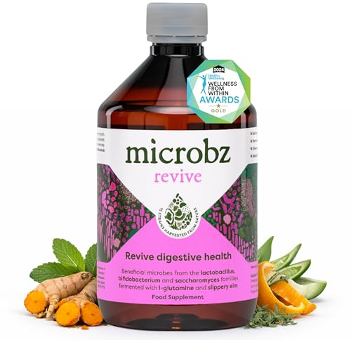 MICROBZ Revive Liquid Gut Health Supplement, Live Cultures, 31 Serv, Vegan | 15 strains of microbes from soil fermented with l-glutamine, turmeric, slippery elm, dairy & gluten free, no fridge, 475ml