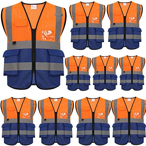 zojo High Visibility Reflective Mesh Safety Vest with Pockets 10 Pack Bulk