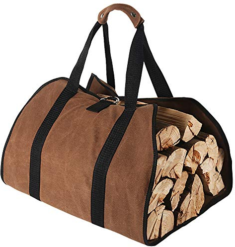 Large Canvas Log Carrier Bag, 38”x 18” Heavy Duty Waxed Fireplace Firewood Tote Bag for Indoor Wood Stoves Outdoor Camping (Brown)