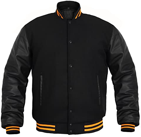 Herren-Varsity-Jacke, Echtlederärmel und Wollmischung, Letterman, Jungen, College-Jacke, Größe XS-5XL, Schwarz (gelbes Futter), XXL