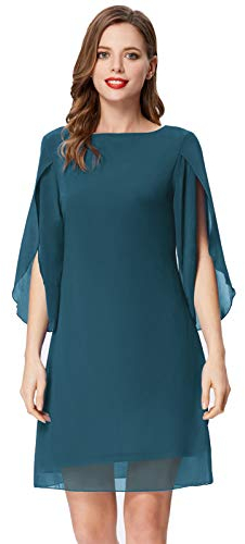 Damen Langarm Casual Sommer Kleid Chiffon Kleid Loose Fit Elegant Abendkleid 2XL Pfauenblau CL11125-21