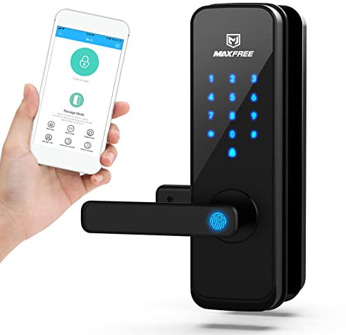 MAXFREE Serratura elettronica con impronte digitali, accesso senza chiave, tastiera touch screen Bluetooth, serratura intelligente con leva reversibile e app per casa, ufficio, appartamento, hotel o