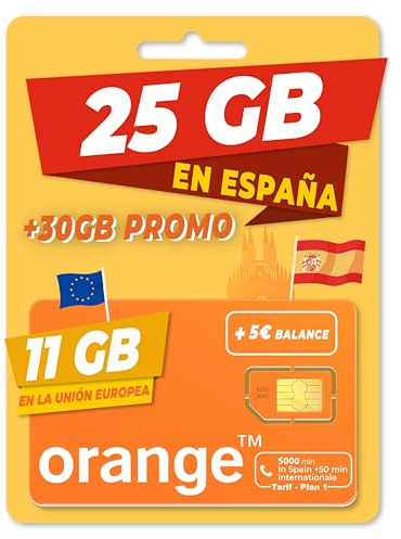 Orange Spain - 20GB Prepaid SIM Karte in Spanien| 5€ Kredit | 50 Minuten nach Deutschland telefonieren | 5.000 Minuten für Anrufe in Spanien | Freischaltung nur unter www marcopolomobile com
