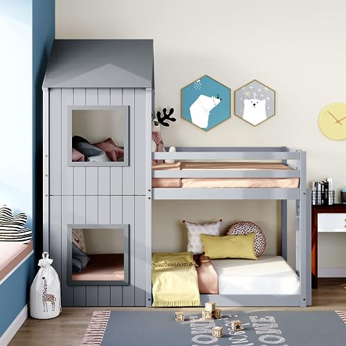 LTGB 3FT Treehouse Bunk bed, Cabin Bed Frame, Mid-Sleeper with Treehouse Canopy & Ladder, Suitable for Children Boys Girls, 196 x 98 x 219 cm, Gray【UK Fast Shippment】
