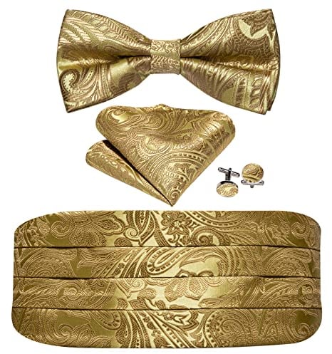 Barry.Wang Kummerbund Fliege Set für Herren Seide Kummerbund Vorgebundene Fliege Einstecktuch Manschettenknöpfe, gold, Einheitsgröße